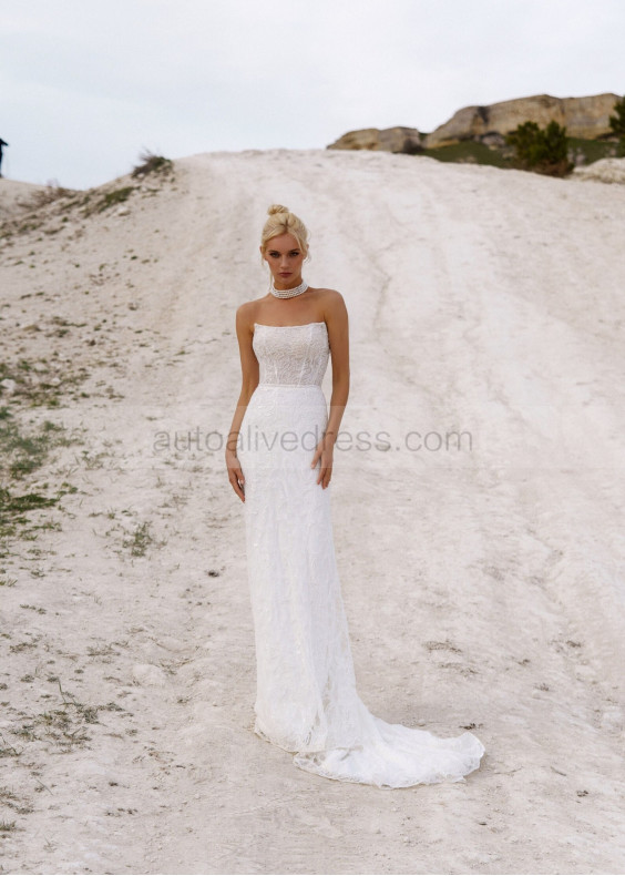Strapless Beaded White Lace Anniversary Wedding Dress